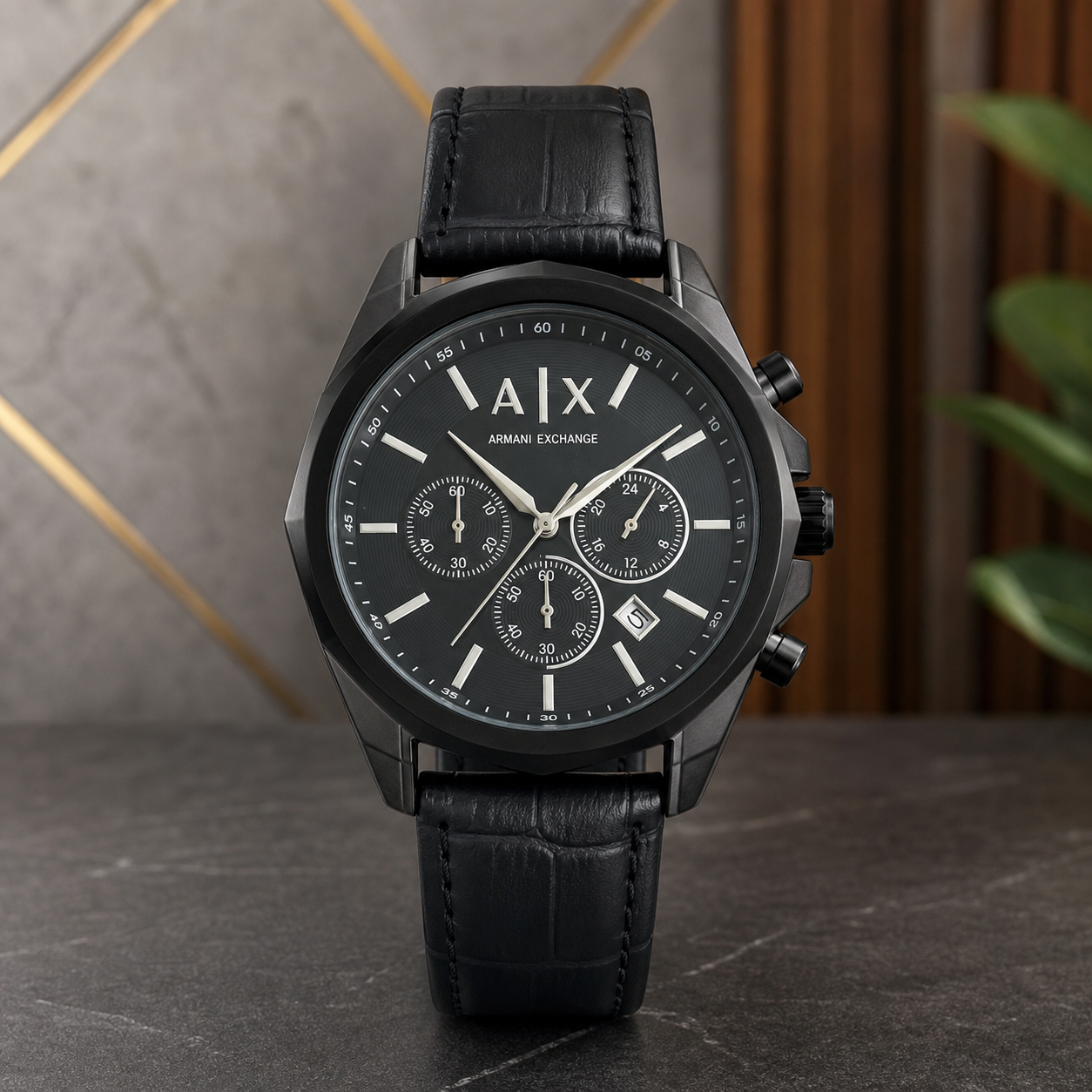 PrimePicks black watch dial with three registers, silver-tone markers and date window
