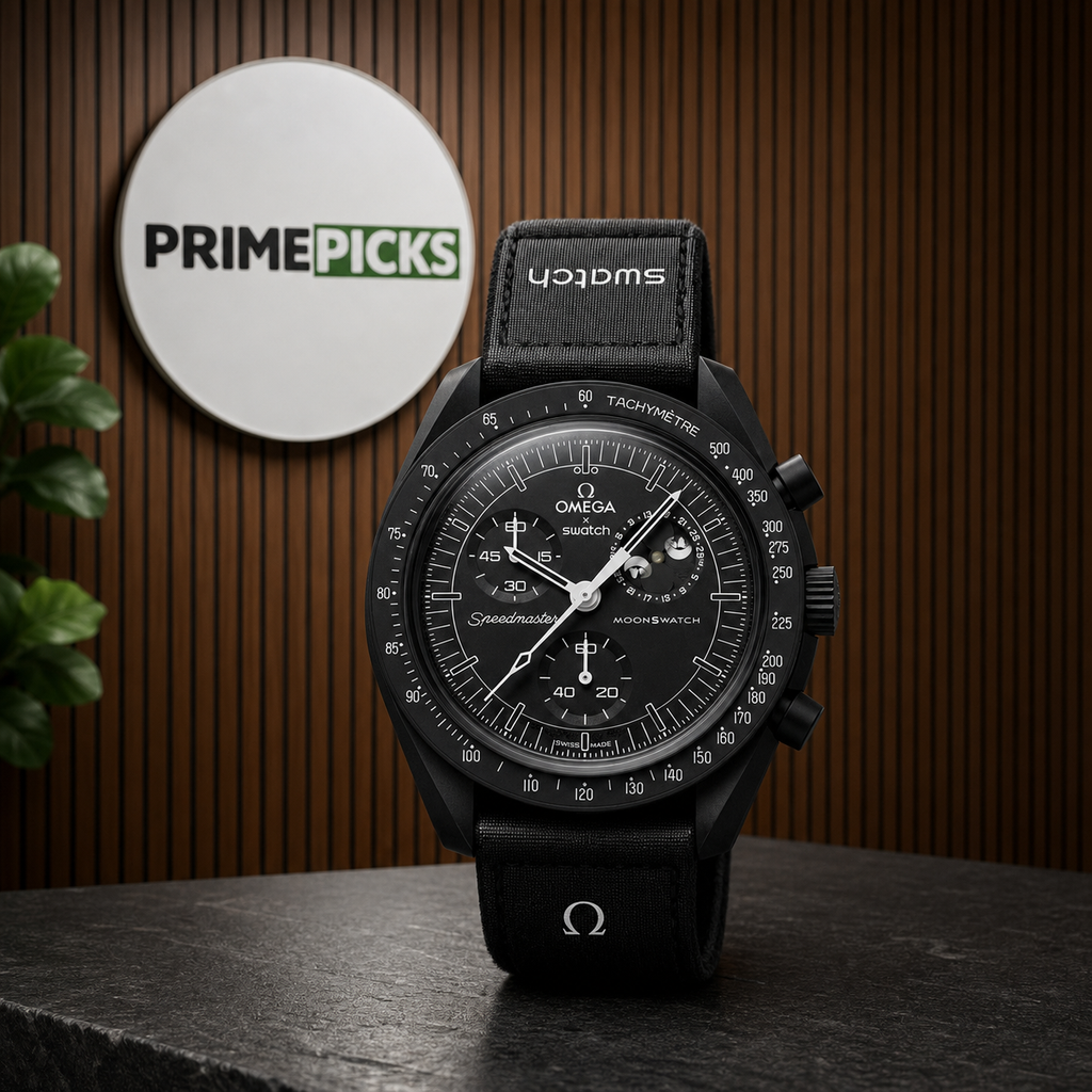Black moonphase chronograph-style watch displayed with the complete PrimePicks round logo board