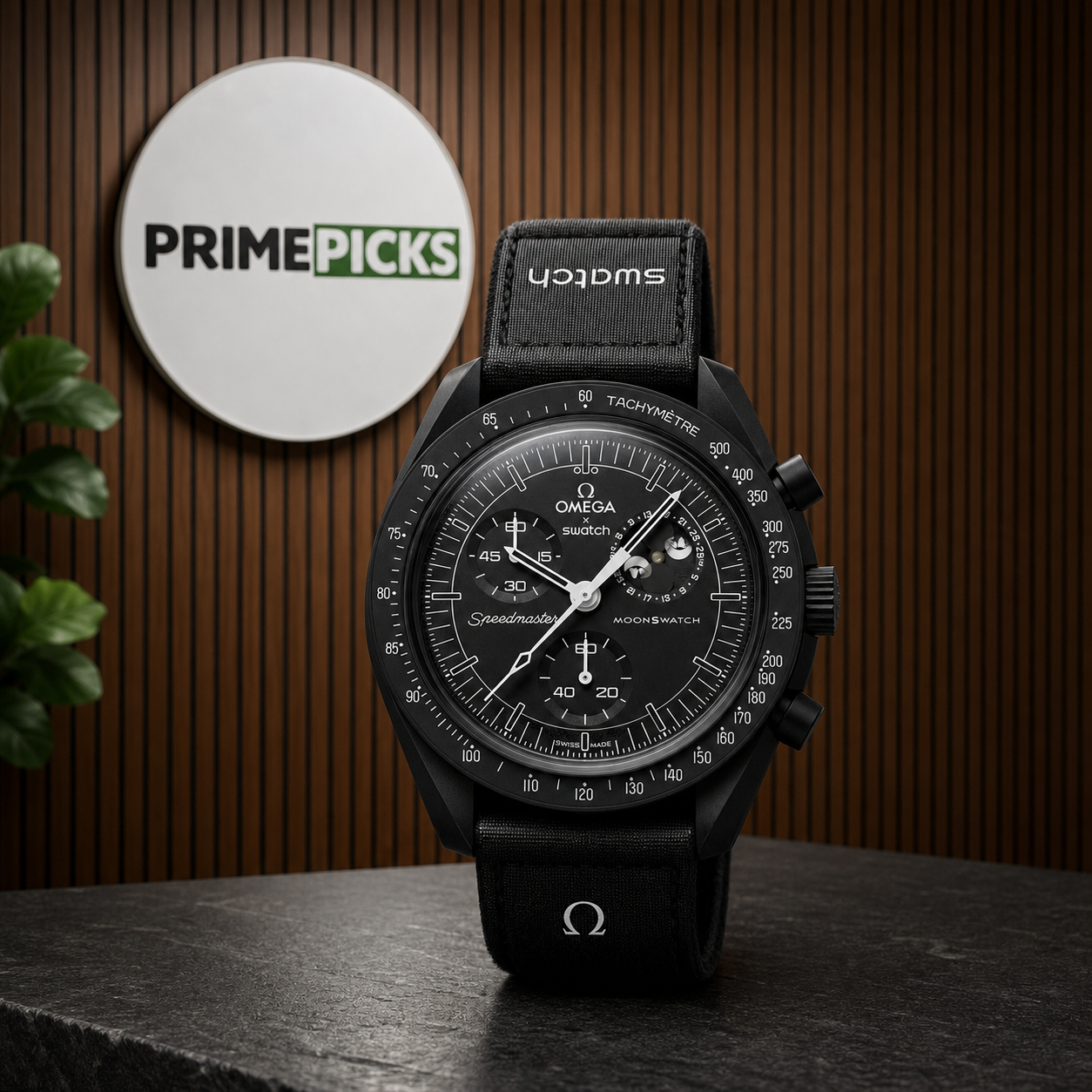 Black moonphase chronograph-style watch displayed with the complete PrimePicks round logo board