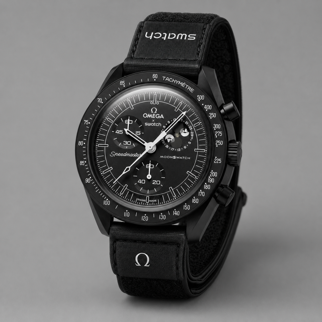 Black moonphase chronograph-style watch front view