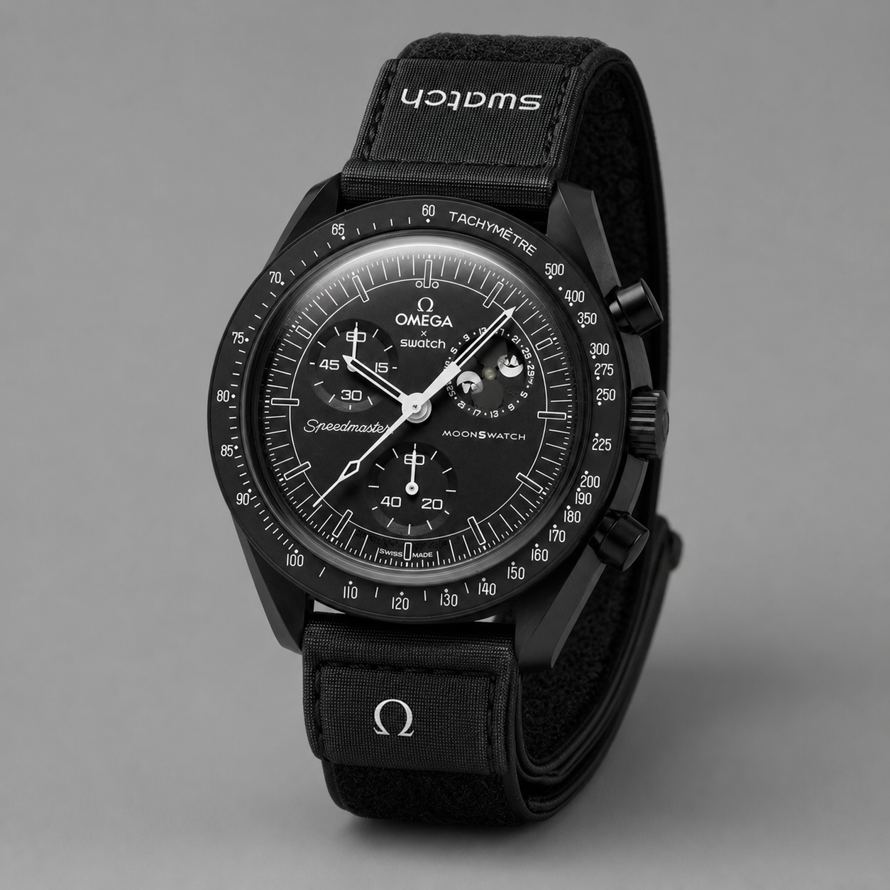 Black moonphase chronograph-style watch front view