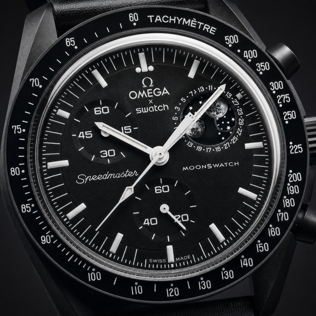 Black moonphase chronograph-style watch angled view