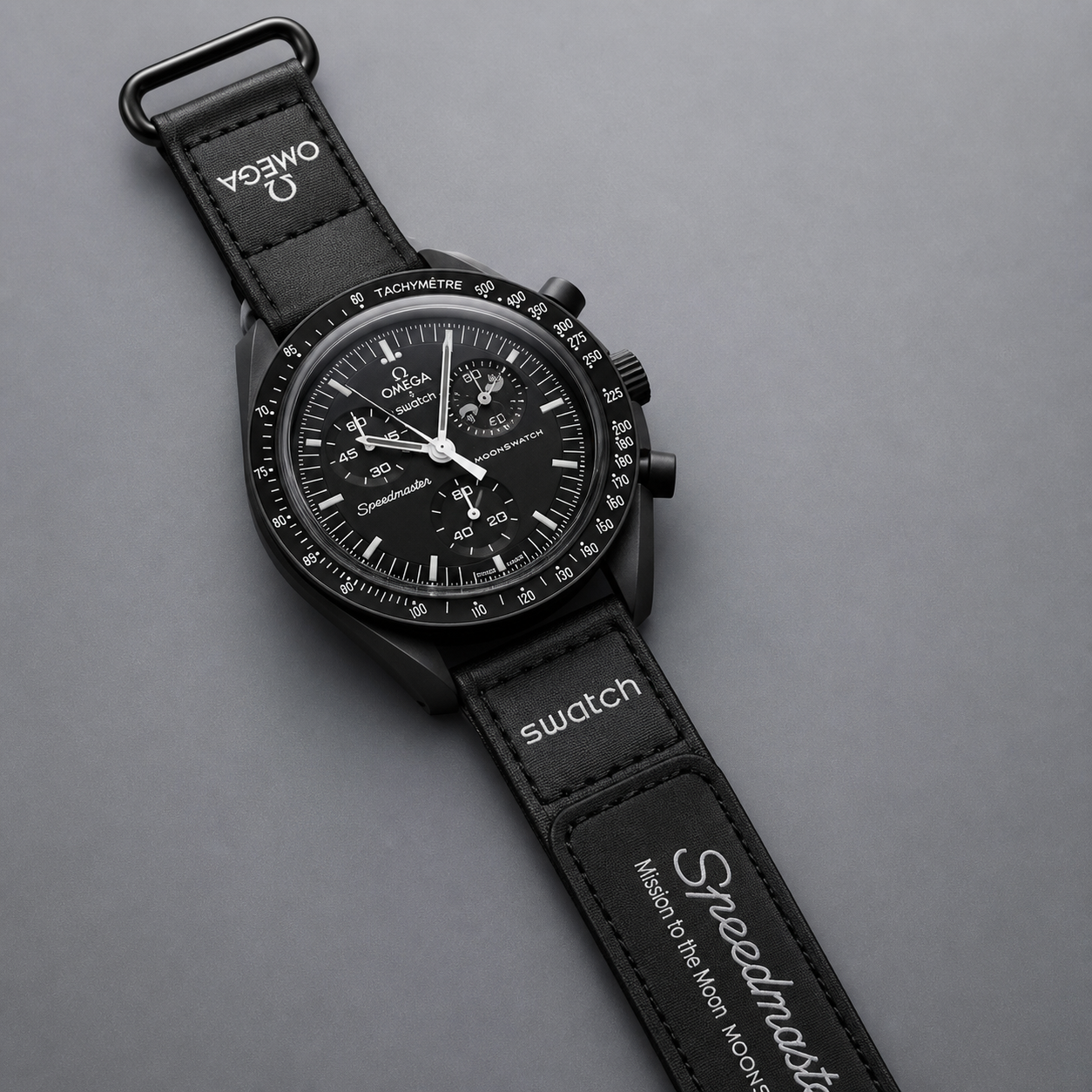 Black moonphase chronograph-style watch detail view