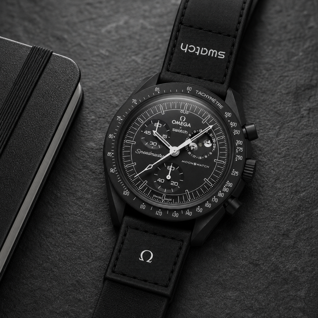 Black moonphase chronograph-style watch lifestyle view