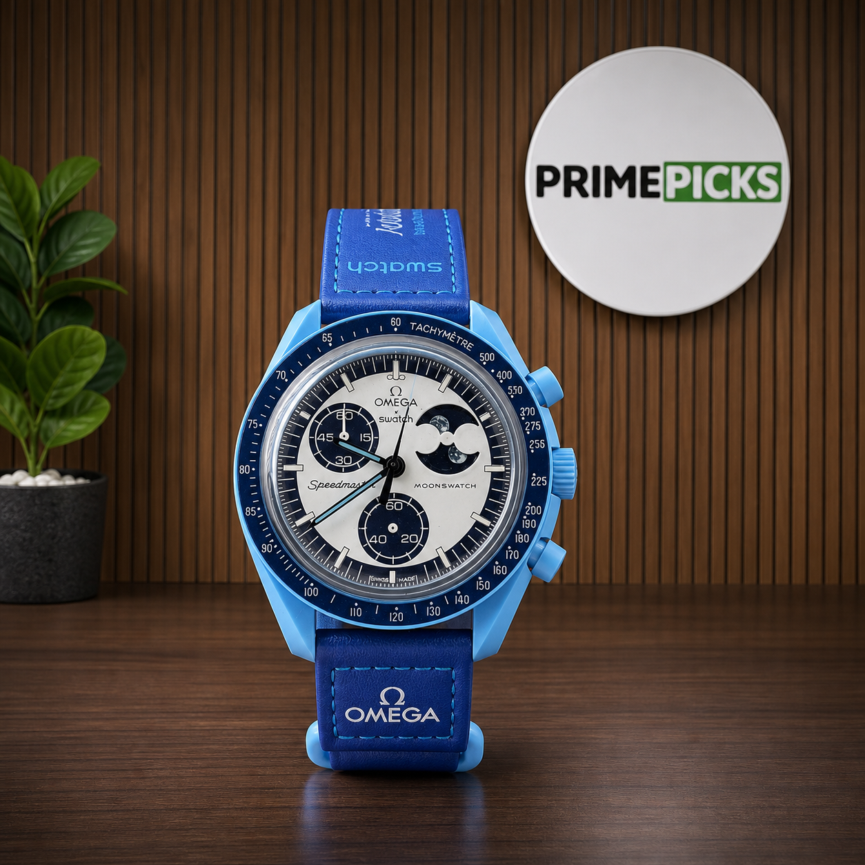Blue moonphase chronograph-style watch displayed with the complete PrimePicks round logo board