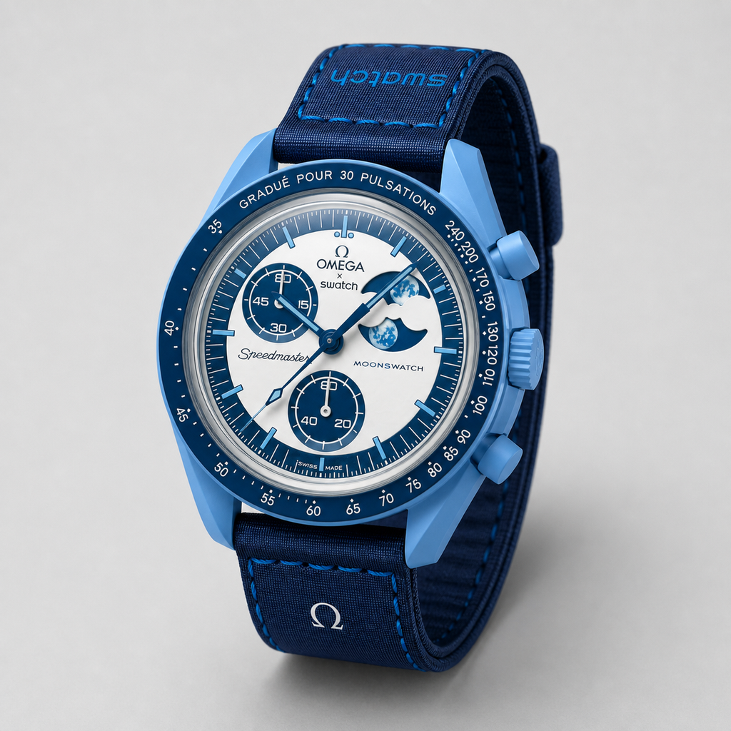 Blue moonphase chronograph-style watch front view