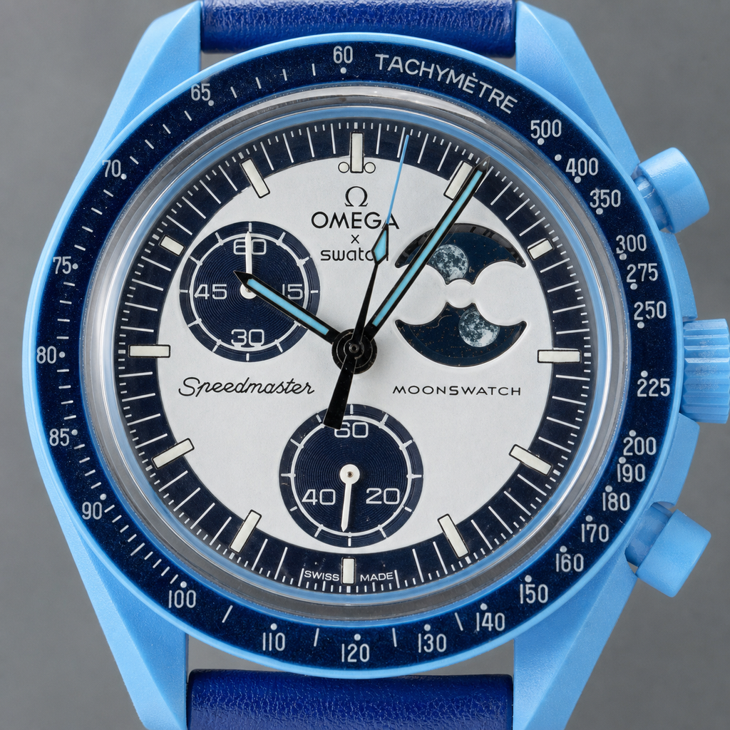 Blue moonphase chronograph-style watch angled view