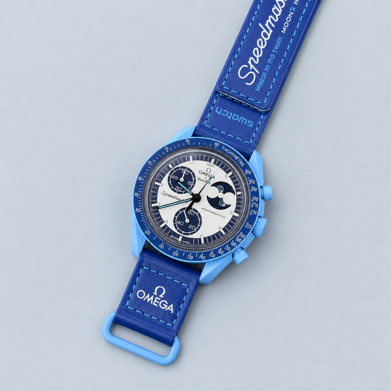 Blue moonphase chronograph-style watch detail view