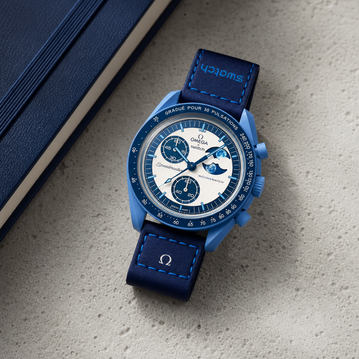 Blue moonphase chronograph-style watch lifestyle view