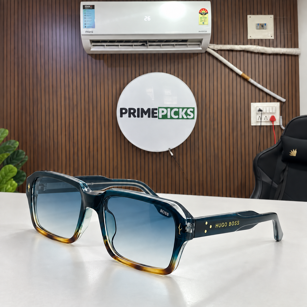BOSS oversized square gradient sunglasses front view in PrimePicks office