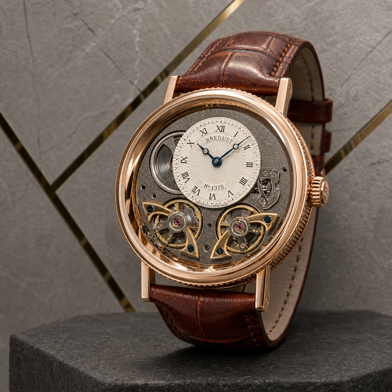 Close-up of Breguet skeleton automatic watch in the Primepicks office