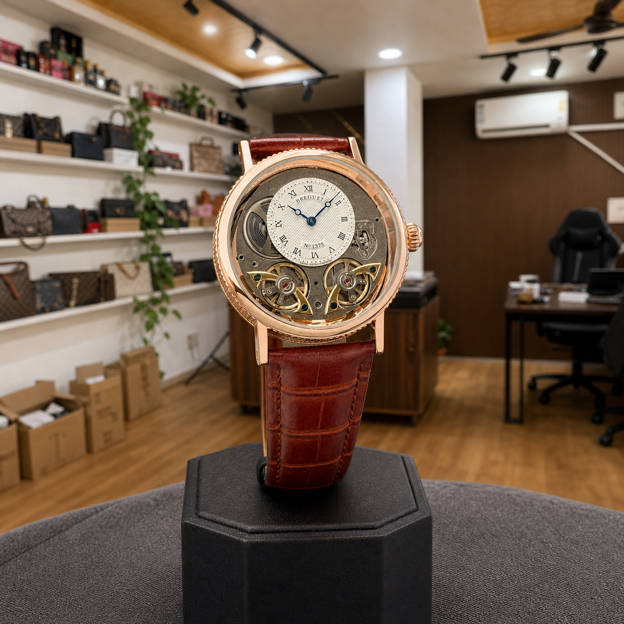 Breguet skeleton automatic watch displayed upright in the full Primepicks office interior