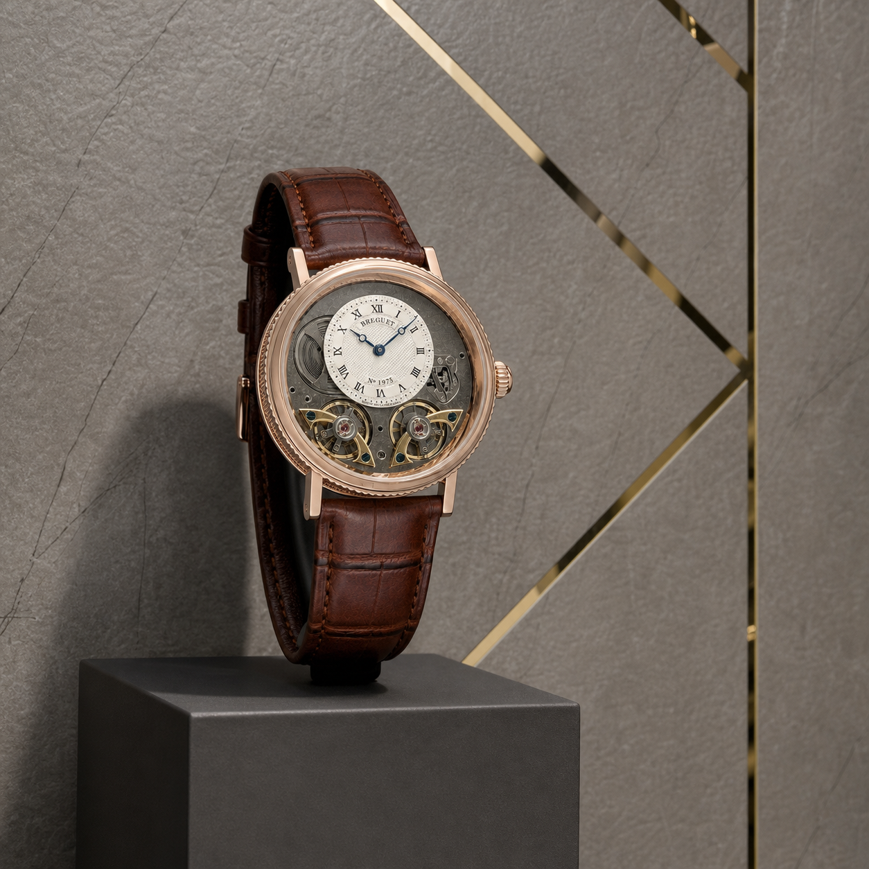 Breguet skeleton automatic watch against the grey and gold Primepicks office wall