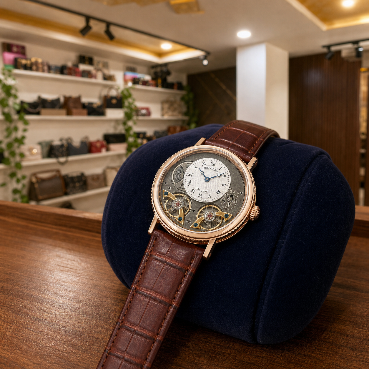 Breguet skeleton automatic watch on a navy display cushion in the Primepicks office