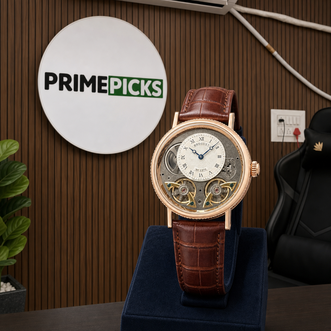 Breguet skeleton automatic watch beside the complete PRIMEPICKS logo board
