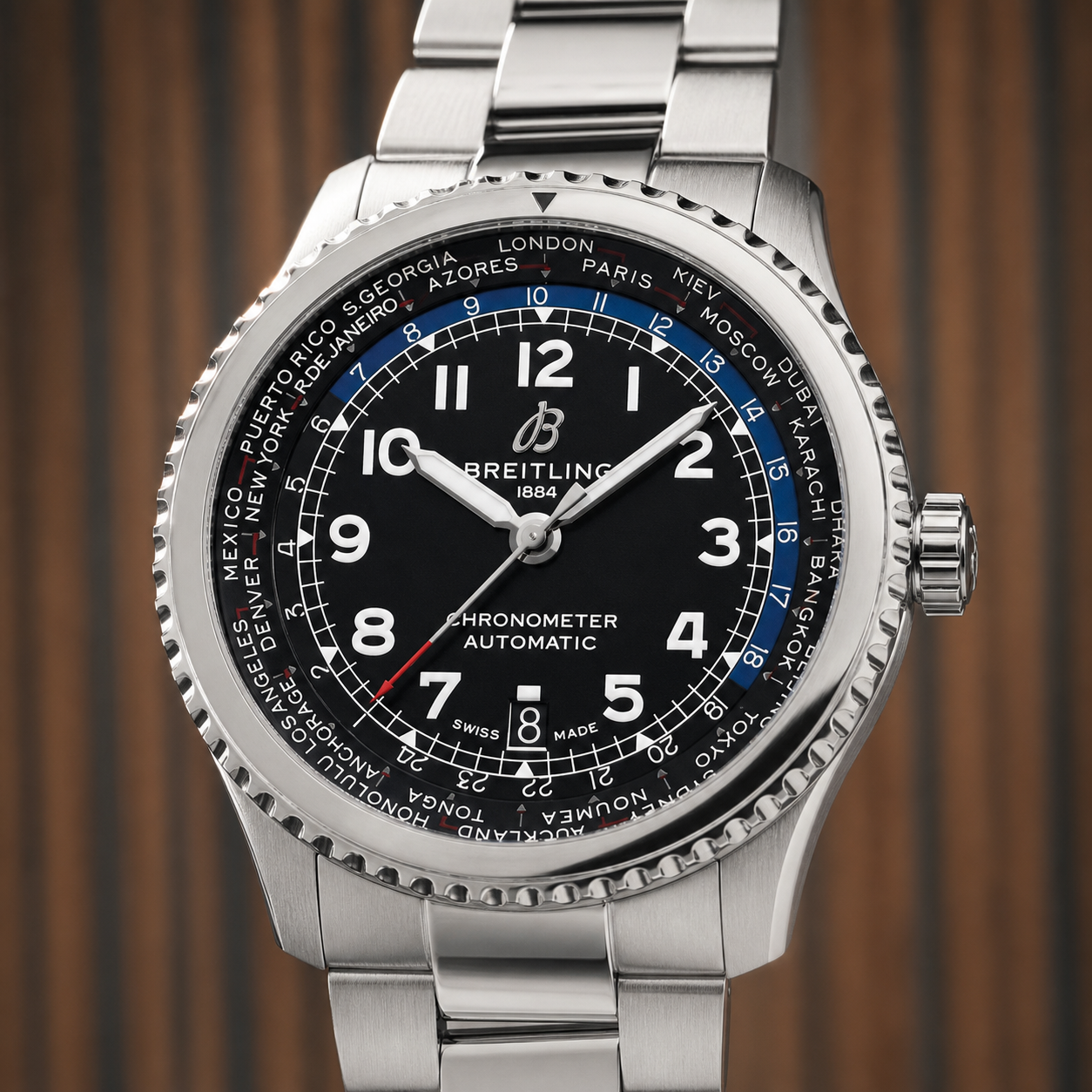 Breitling Aviator 8 B35 black world-time dial detail