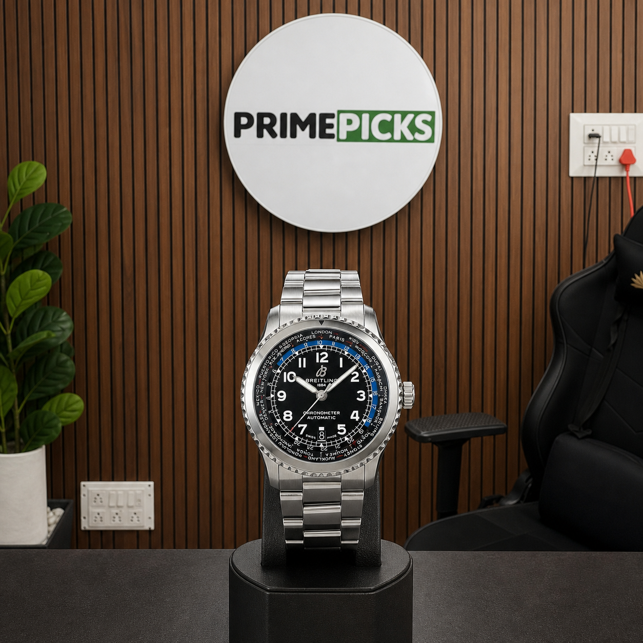 Breitling Aviator 8 B35 Unitime 43 watch hero in Primepicks office