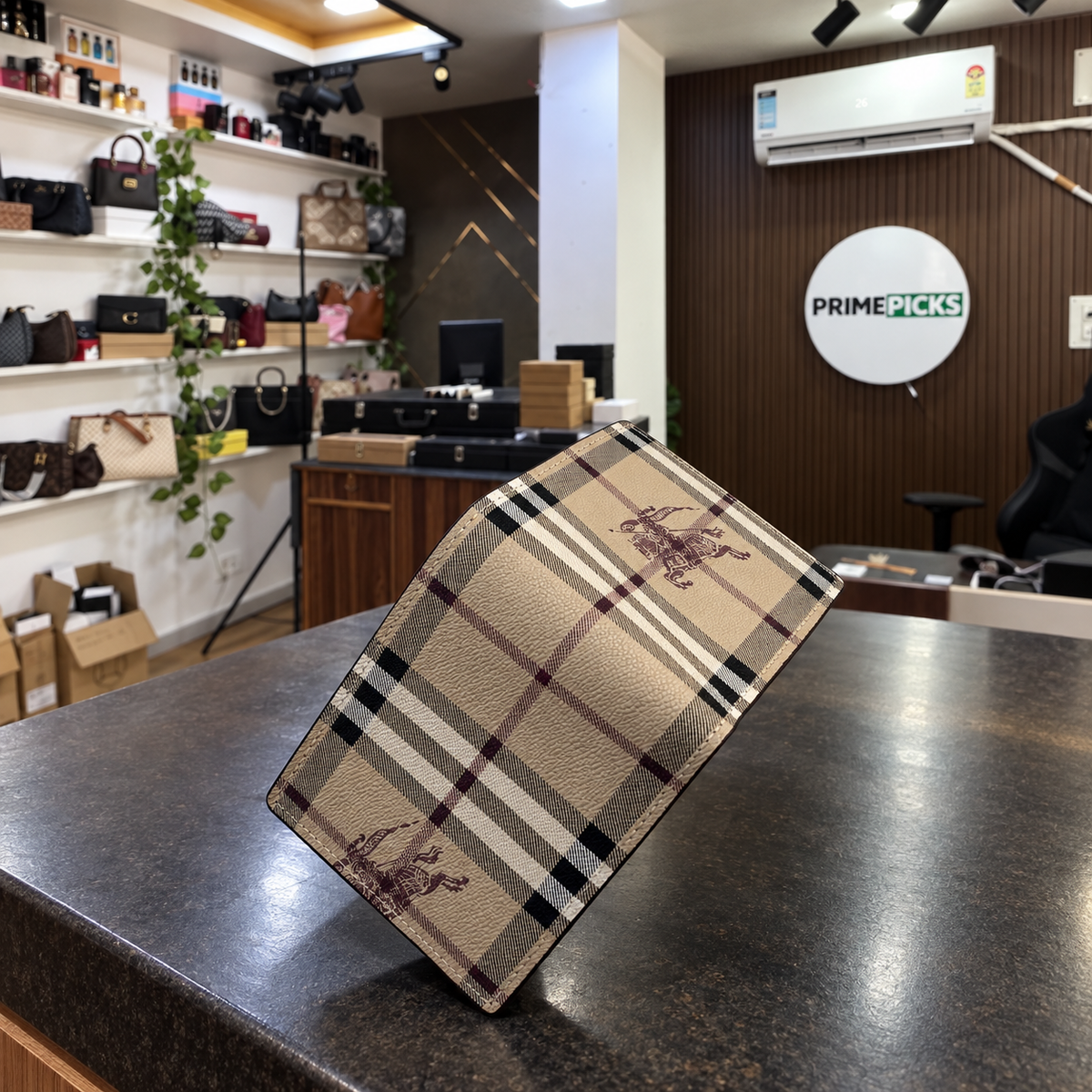 Burberry Beige Check Wallet at PrimePicks office