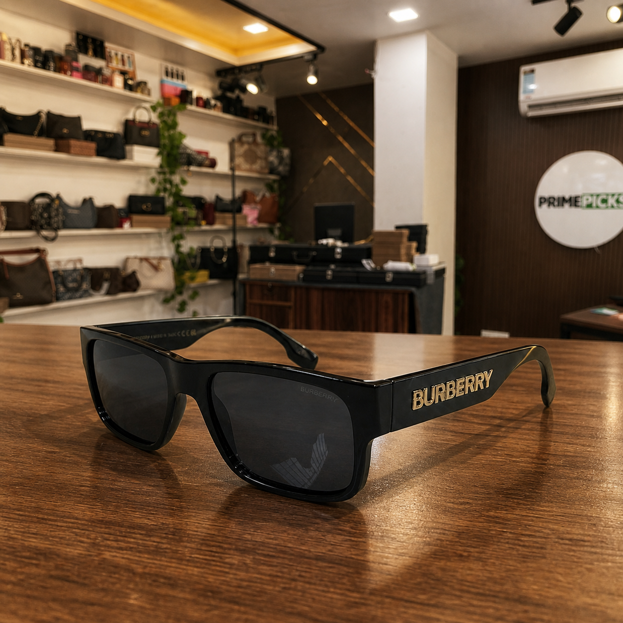 Burberry black sunglasses on a wooden desk in the PrimePicks office