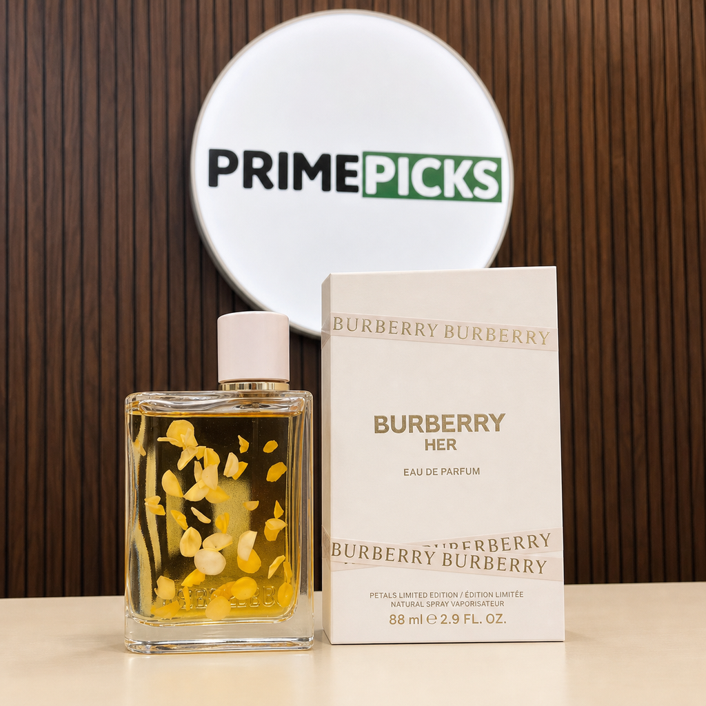 Burberry Her Petals Limited Edition perfume and box in front of the PRIMEPICKS logo board