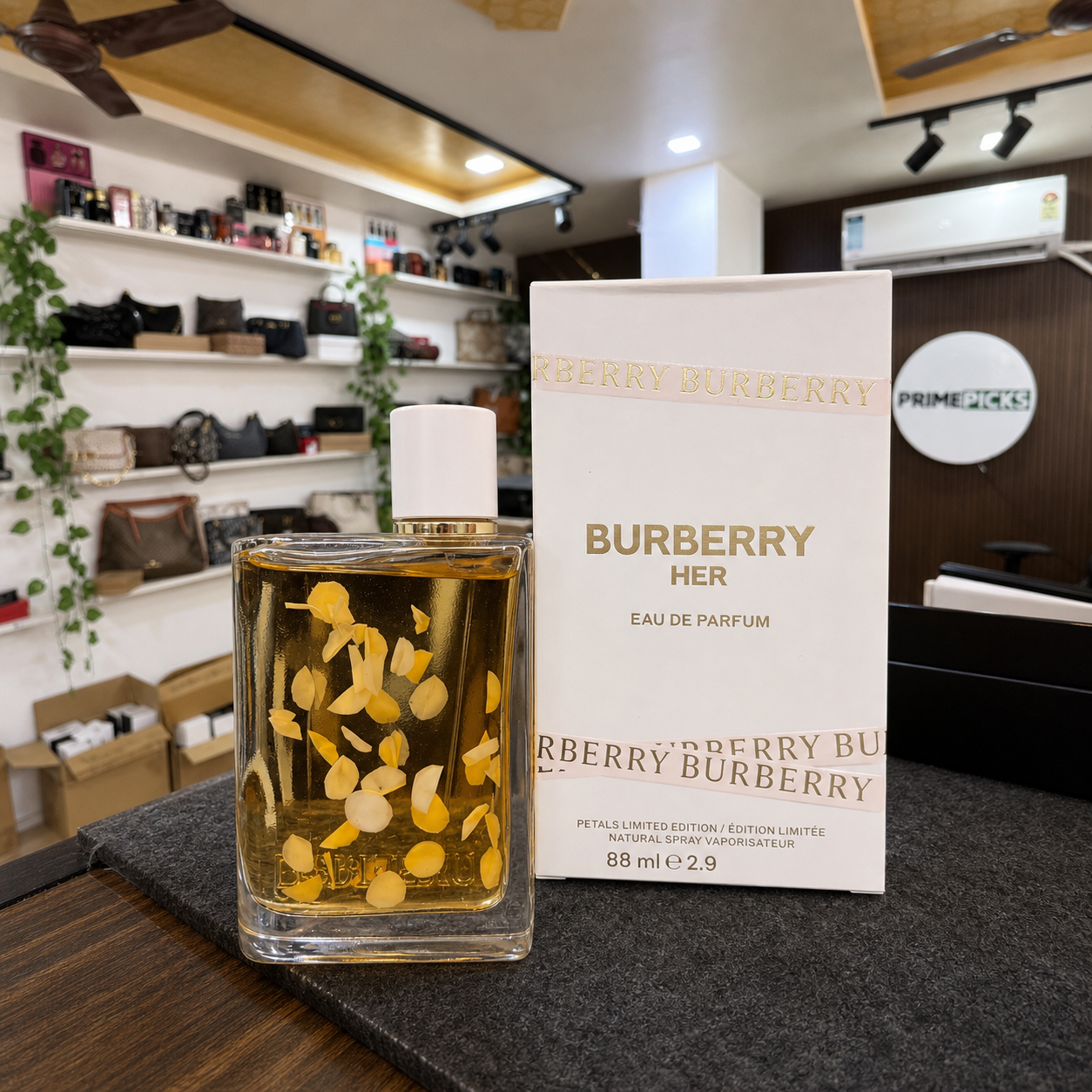 Burberry Her Petals Limited Edition perfume and box displayed inside the Primepicks office