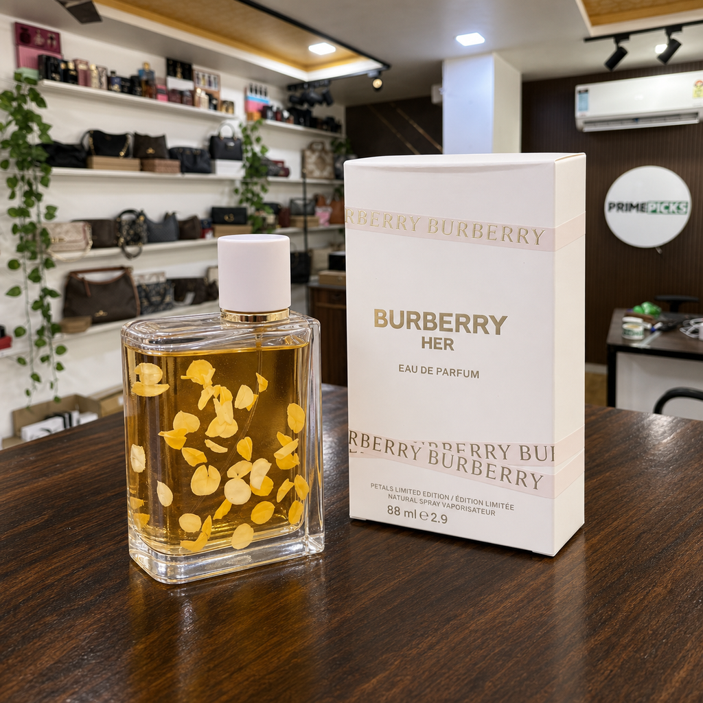Angled product view of Burberry Her Petals Limited Edition perfume and box in the Primepicks office
