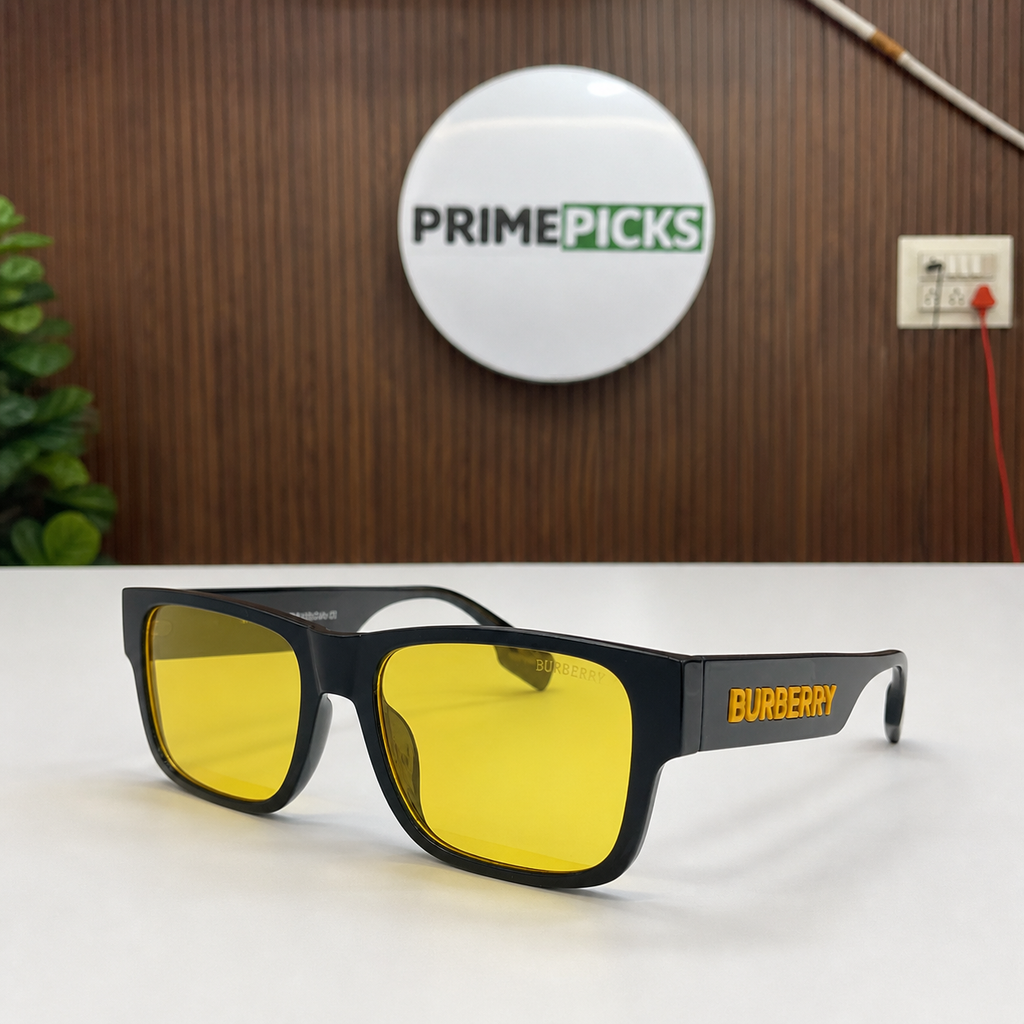 Burberry black rectangular sunglasses with yellow lenses beside the PrimePicks sign