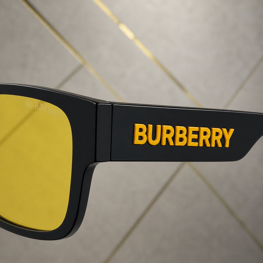 Close-up of Burberry sunglasses yellow temple wordmark and black hinge