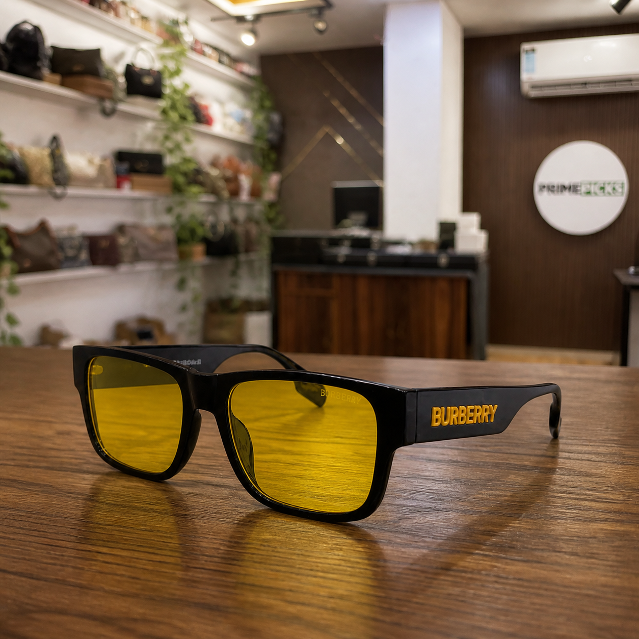 Burberry yellow-lens sunglasses on a wooden desk in the PrimePicks office