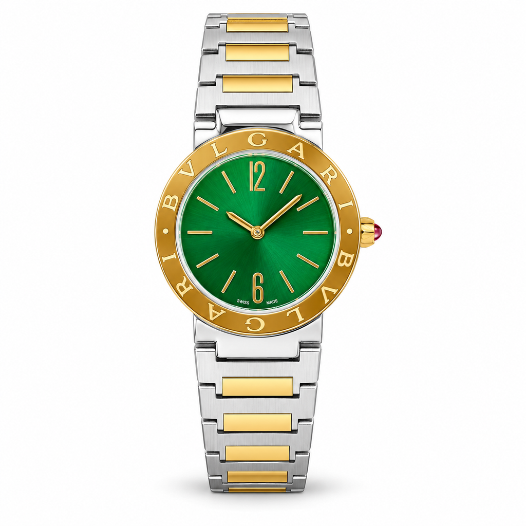 Bvlgari Bvlgari green-dial two-tone women’s watch on a pure white background