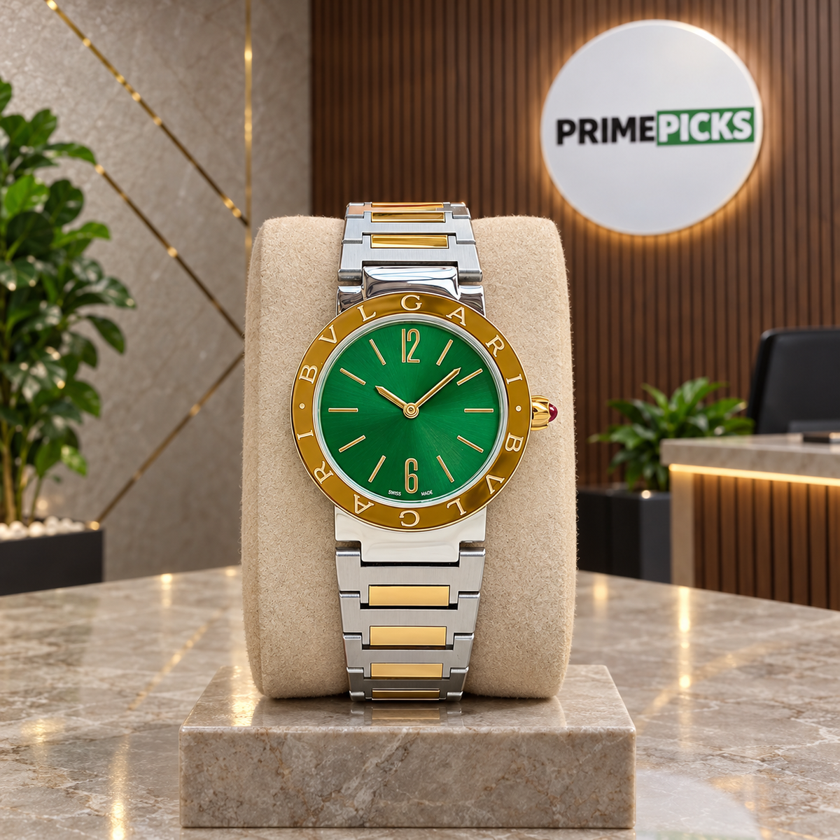 Bvlgari Bvlgari green-dial women’s watch in the PrimePicks office presentation