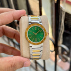 Front view of the Bvlgari Bvlgari green-dial two-tone women’s watch
