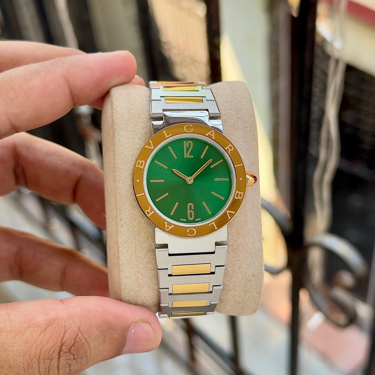 Front view of the Bvlgari Bvlgari green-dial two-tone women’s watch