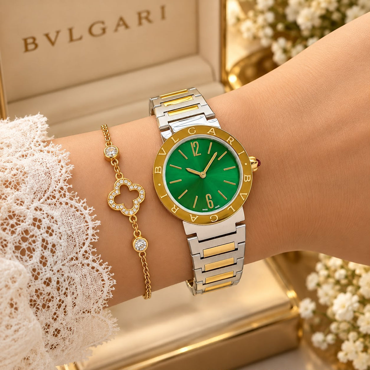 Bvlgari Bvlgari green-dial two-tone women’s watch worn on the wrist
