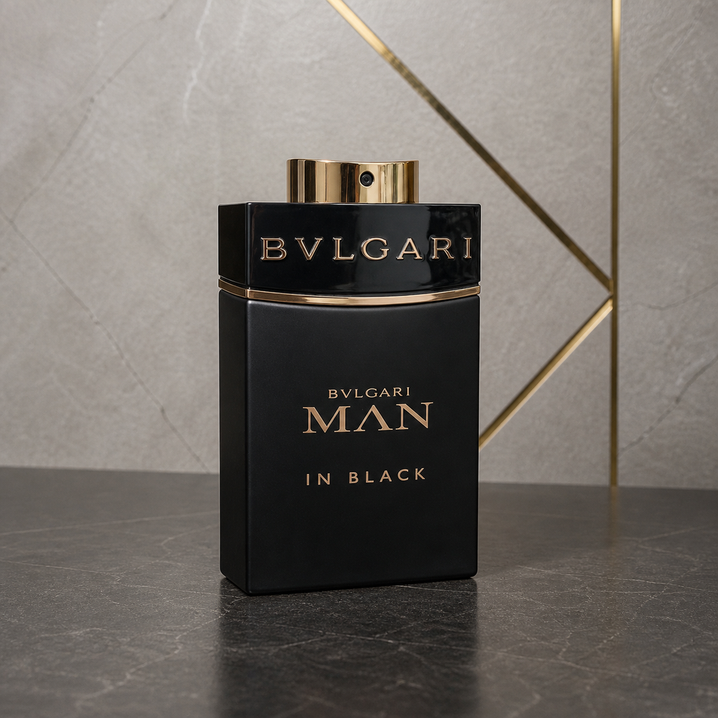 Bvlgari Man in Black Eau de Parfum 100ml bottle against the PrimePicks stone wall