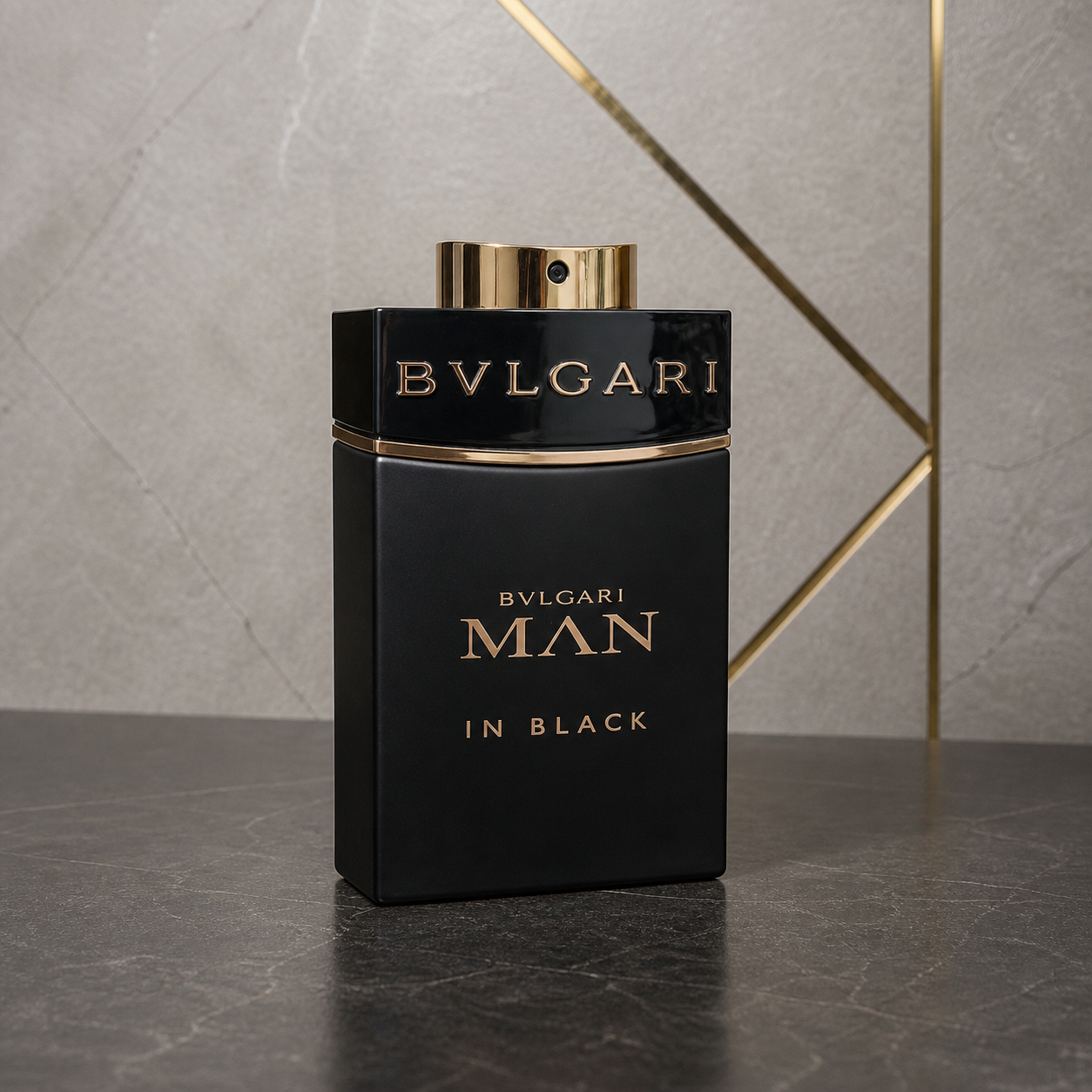 Bvlgari Man in Black Eau de Parfum 100ml bottle against the PrimePicks stone wall