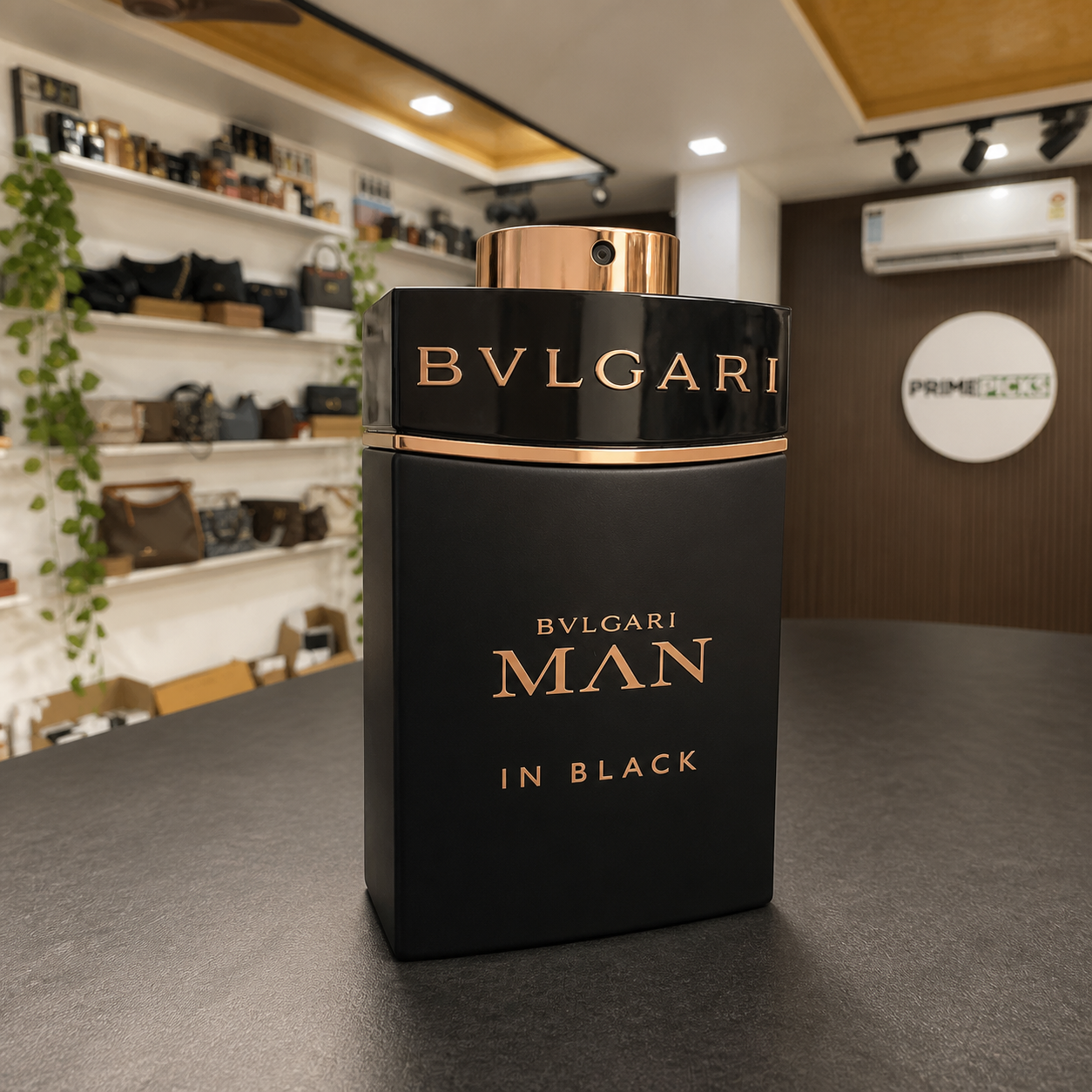 Bvlgari Man in Black Eau de Parfum 100ml bottle inside the PrimePicks store