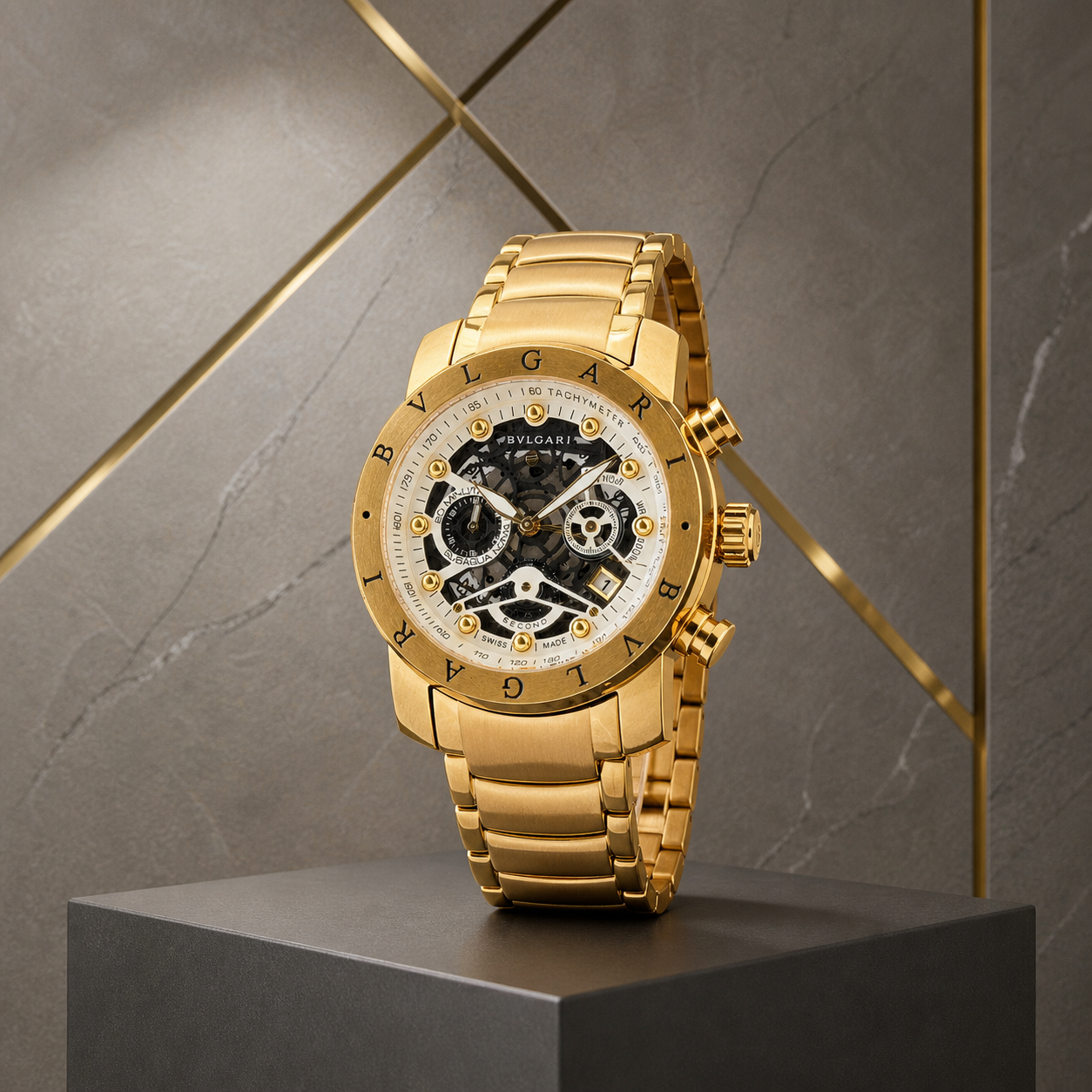Bvlgari Nuclear Weapon gold chronograph three-quarter view