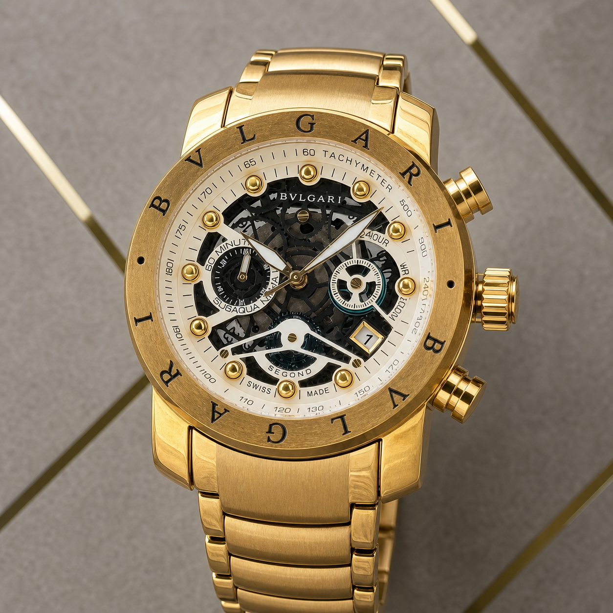 Bvlgari Nuclear Weapon gold chronograph skeleton dial macro