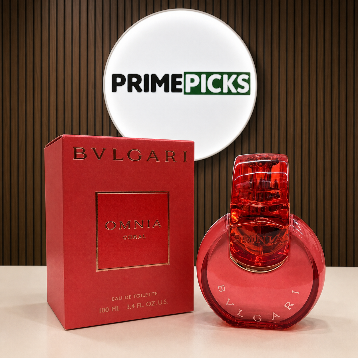 Bvlgari Omnia Coral perfume and box in front of the PRIMEPICKS logo board