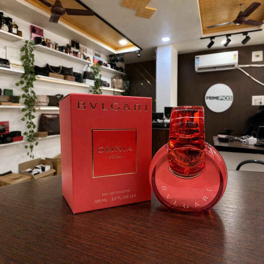 Bvlgari Omnia Coral perfume and box displayed inside the Primepicks office