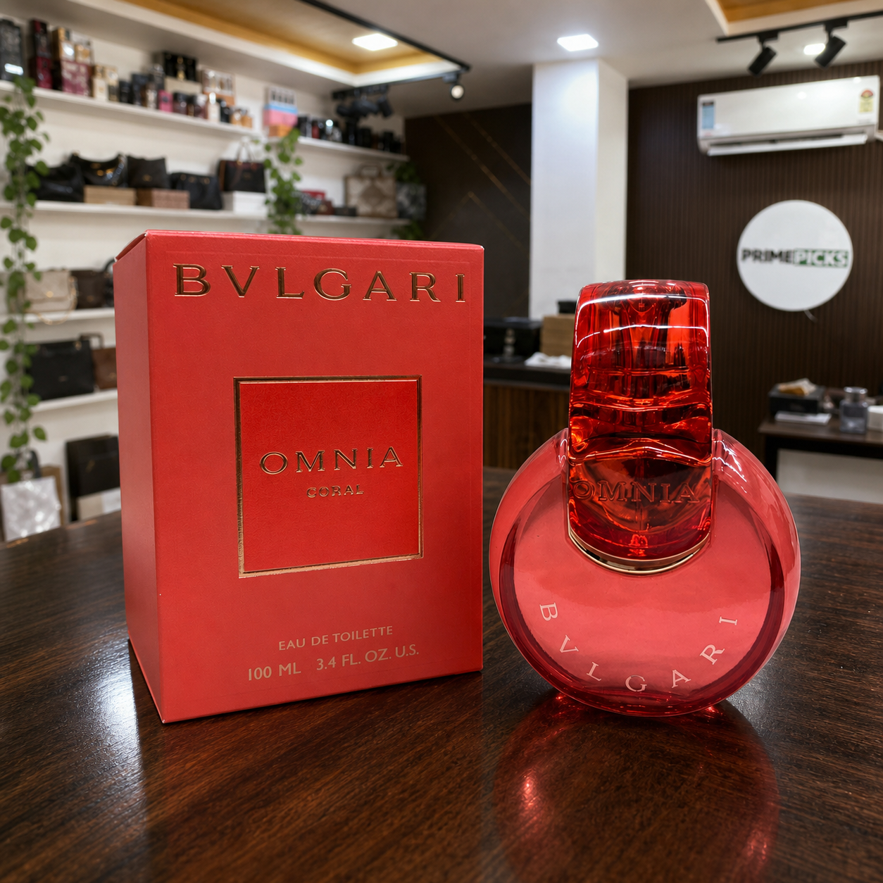 Angled product view of Bvlgari Omnia Coral perfume and box in the Primepicks office