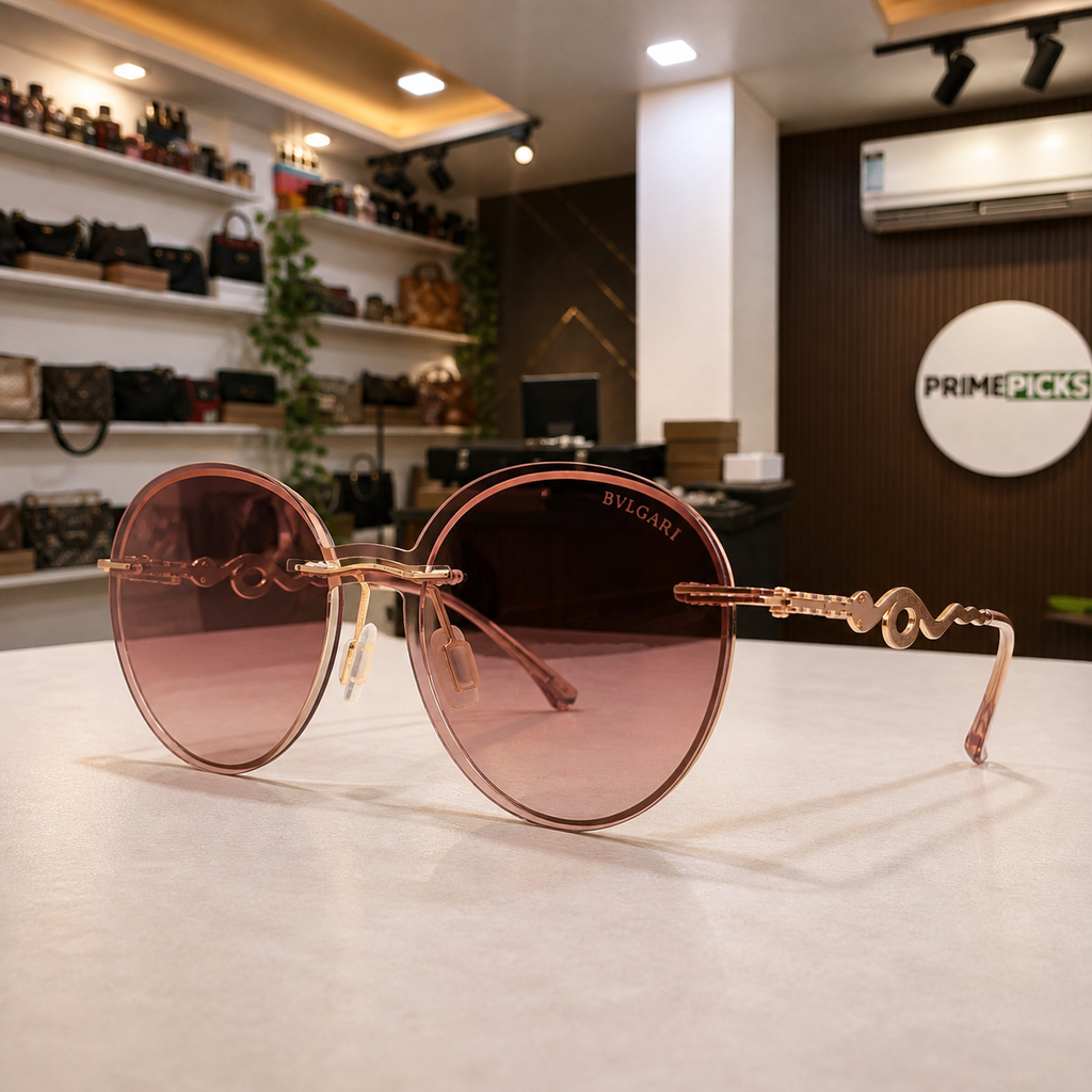 Bvlgari rose-gold round gradient sunglasses office lifestyle view at PrimePicks