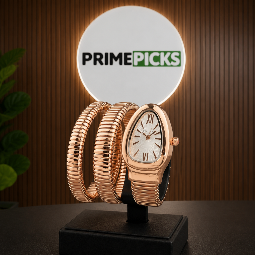 Bvlgari Serpenti rose-gold triple-coil watch at PRIMEPICKS logo wall
