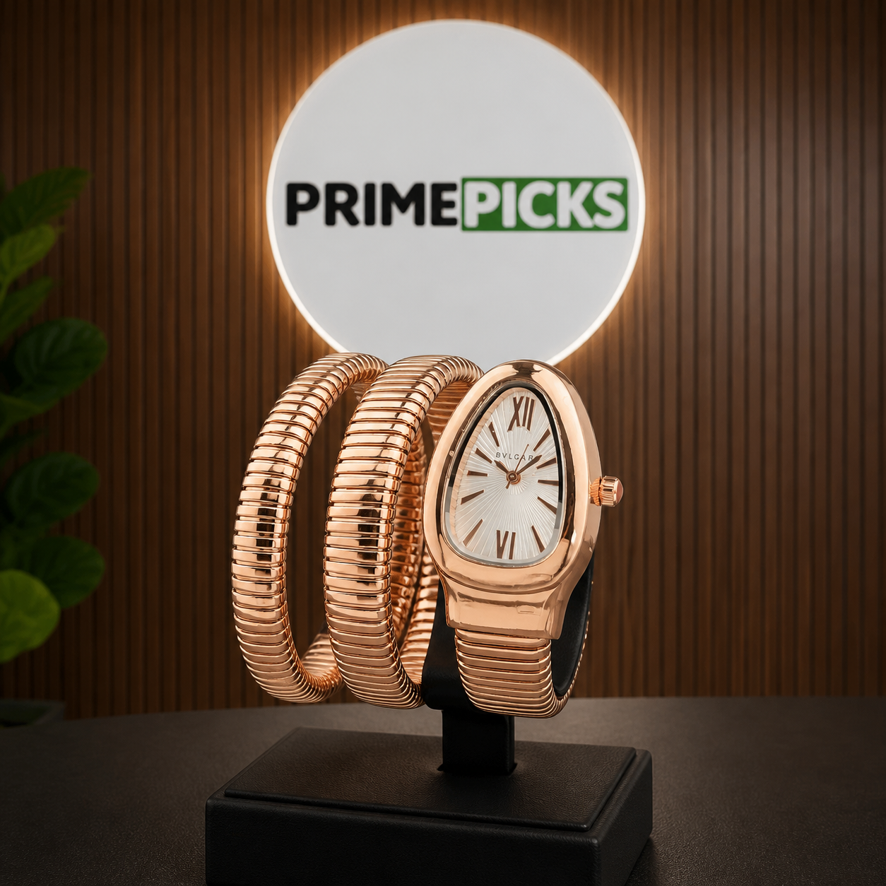 Bvlgari Serpenti rose-gold triple-coil watch at PRIMEPICKS logo wall