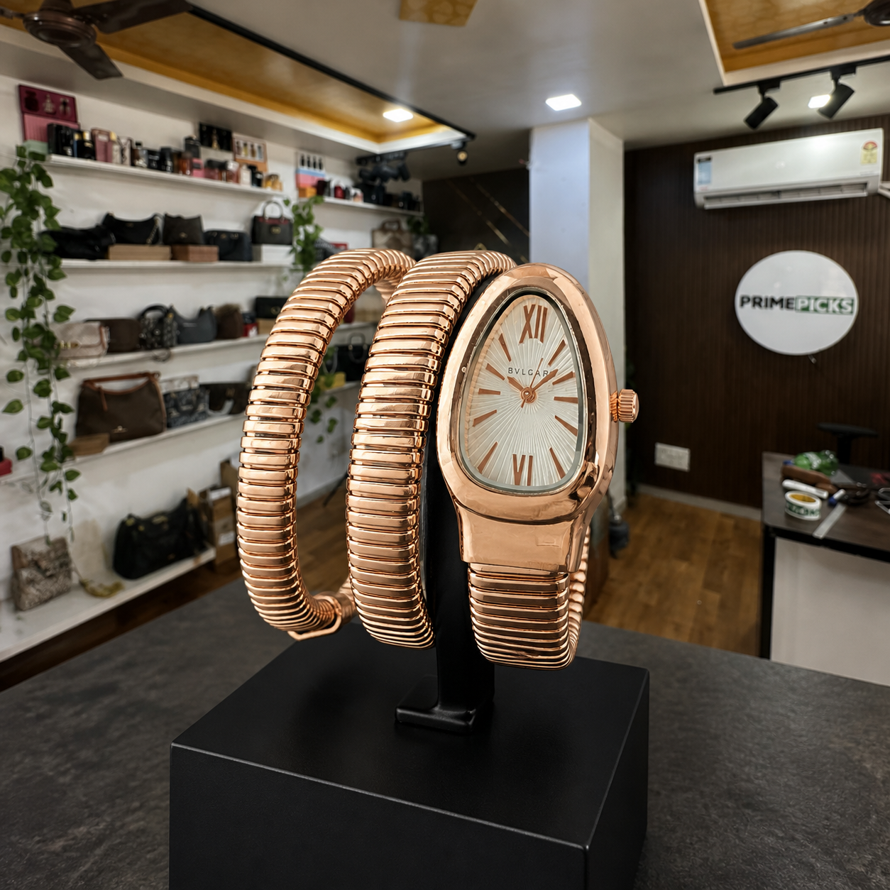 Bvlgari Serpenti rose-gold triple-coil watch in Primepicks office