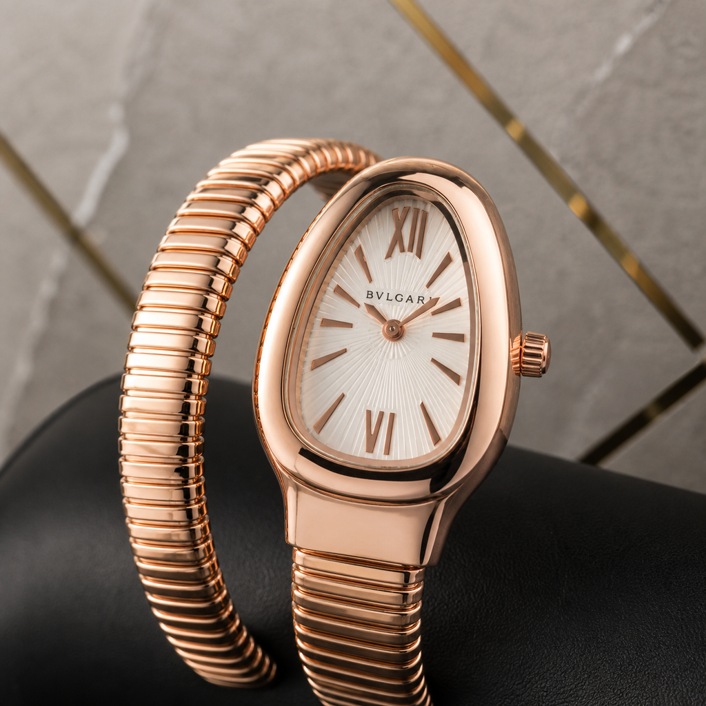 Bvlgari Serpenti silver dial and rose-gold case detail