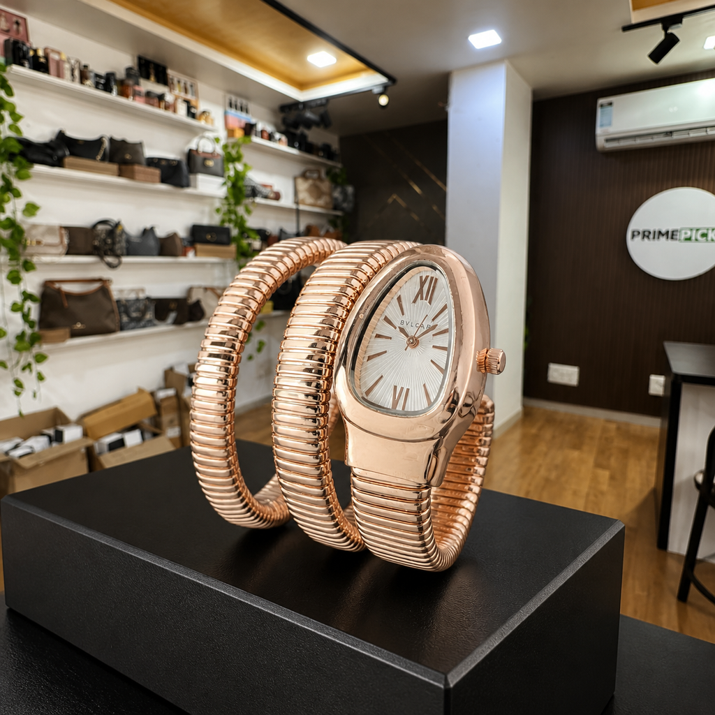 Bvlgari Serpenti rose-gold triple-coil bracelet profile in Primepicks office