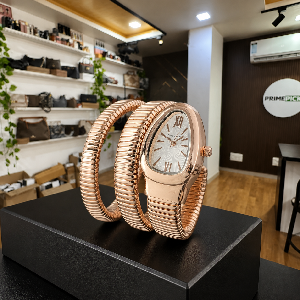 Bvlgari Serpenti rose-gold triple-coil bracelet profile in Primepicks office