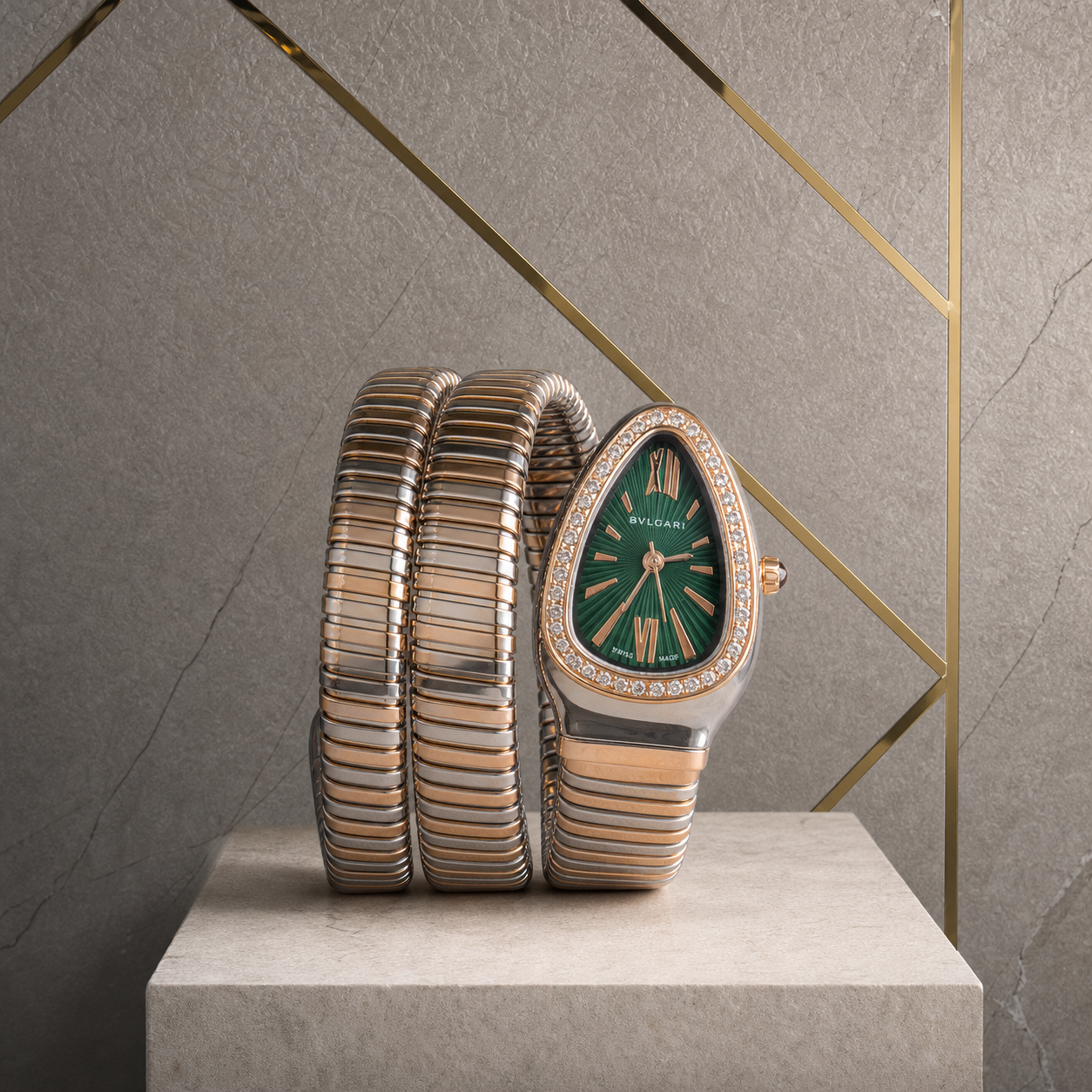 Bvlgari Serpenti Tubogas green dial two-tone double-coil watch in grey office setting